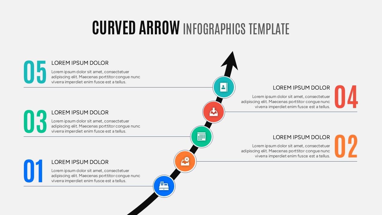 Upward curving black arrow with five circular nodes representing a growth roadmap or strategic timeline