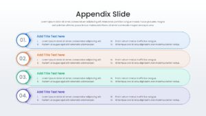 Vertical fout-step list template with multi-color circular icons for sequential appendix notes.