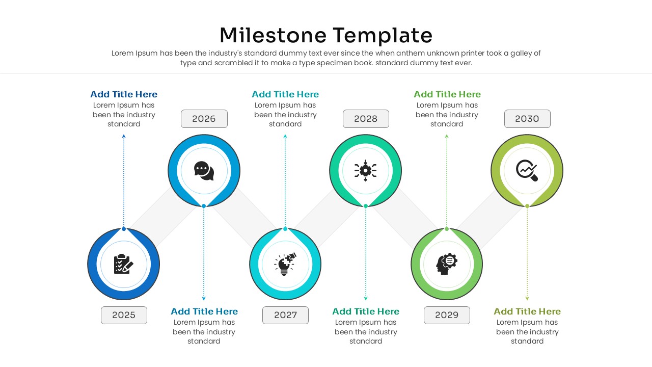 Zigzag timeline infographic with six steps and connecting lines