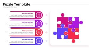 A modern 4-step puzzle infographic with individual pieces placed vertically and connected by arrows