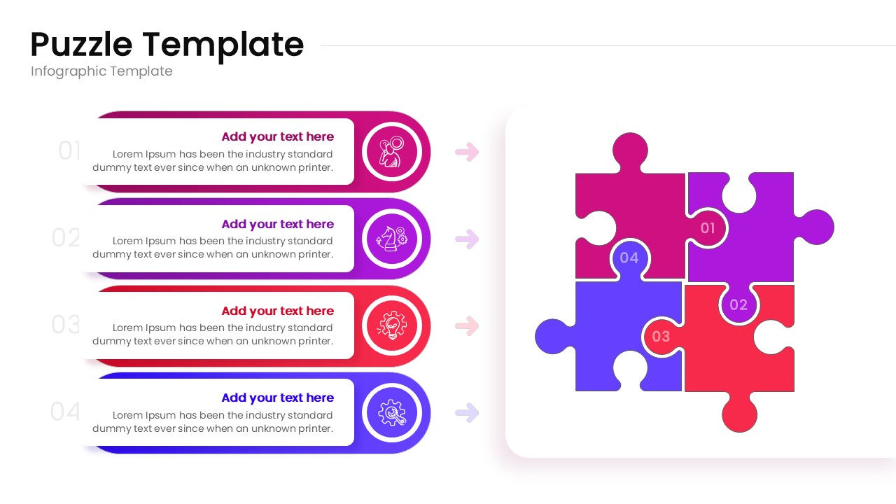 A modern 4-step puzzle infographic with individual pieces placed vertically and connected by arrows
