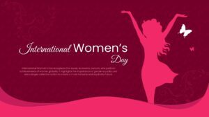 Deep red presentation slide with a dancing woman silhouette and butterfly icons