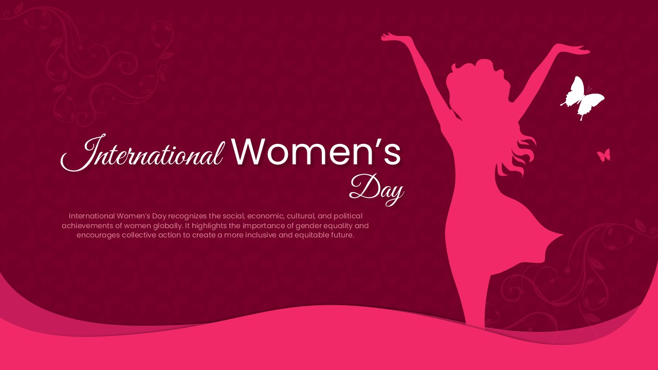 Deep red presentation slide with a dancing woman silhouette and butterfly icons