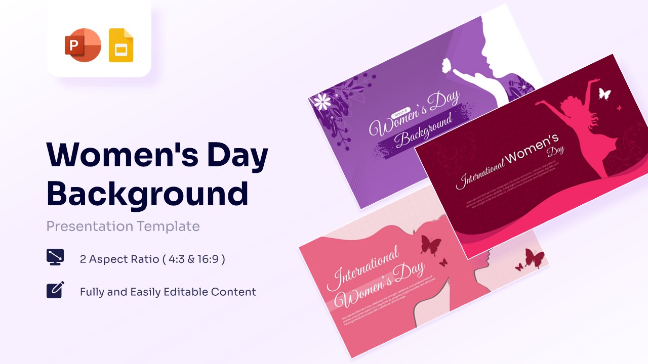 Women's Day Background featured image with three slide previews in purple and pink