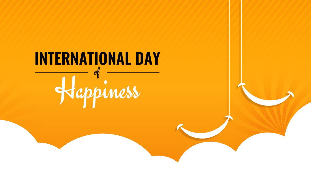 Minimalist orange slide with festive text and hanging smiley face ornaments for digital happiness events.