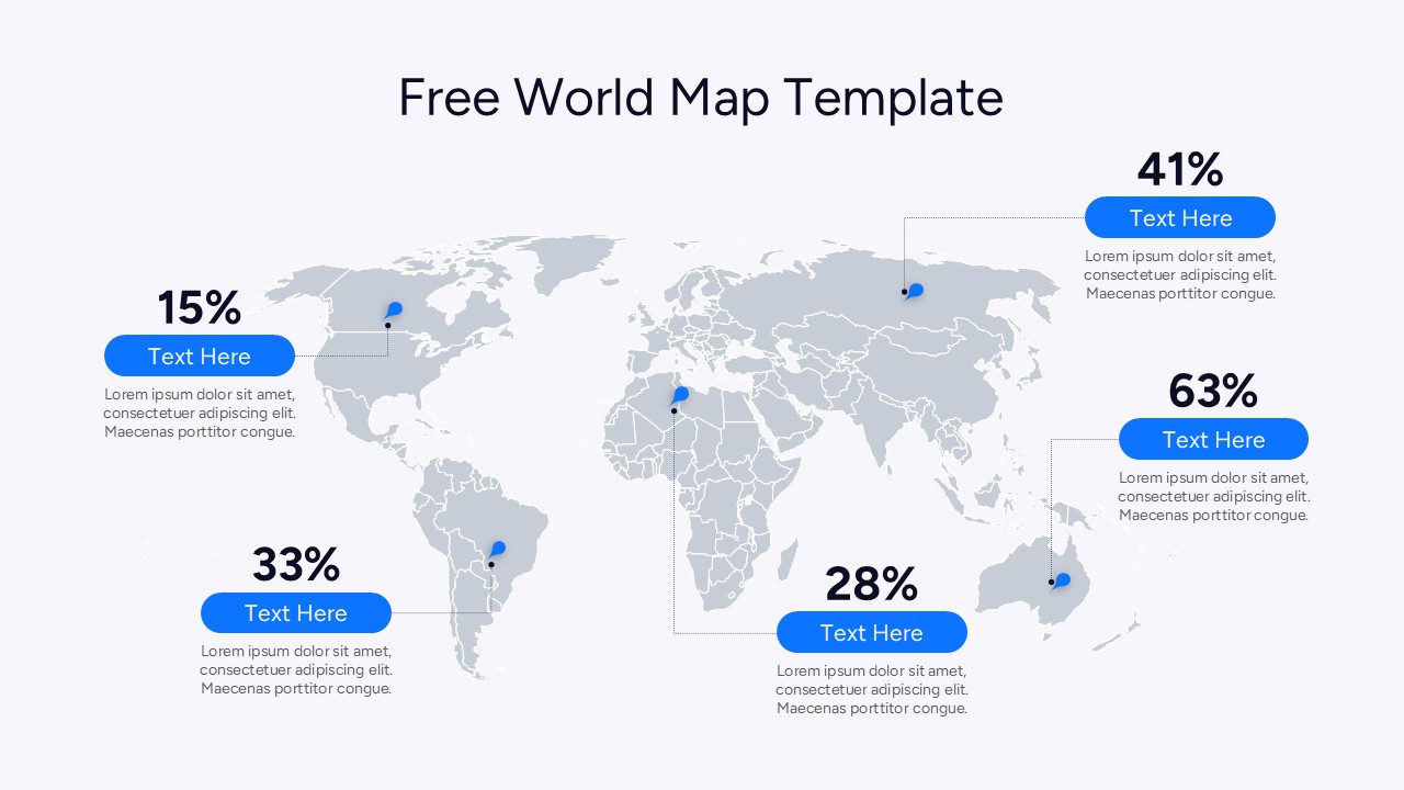 World map slide with blue location pin markers and five text callout boxes showing regional percentages for global business distribution