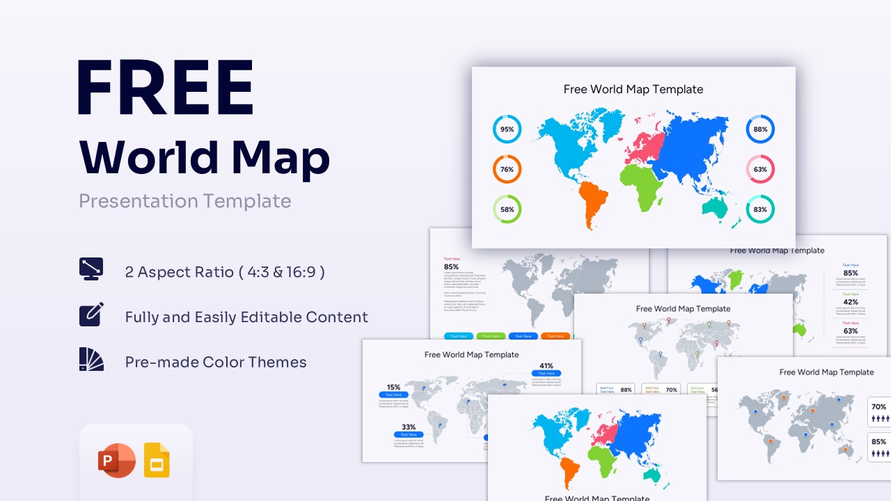 A comprehensive world map presentation slide featuring colorful continents, five circular percentage charts, and a professional layout for global data analysis