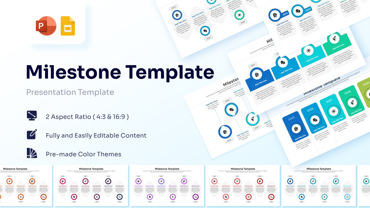 Horizontal project milestone template with circular icons connecting yearly goals.