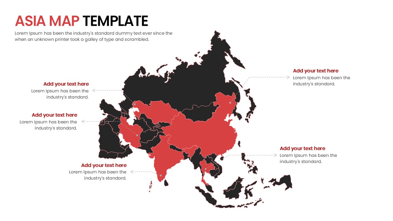 Clean white Asia map layout with red country highlights and percentage data bars
