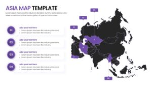 Dark background Asia map slide with neon purple highlights and numbered list indicatorsDark background Asia map slide with neon purple highlights and numbered list indicators.