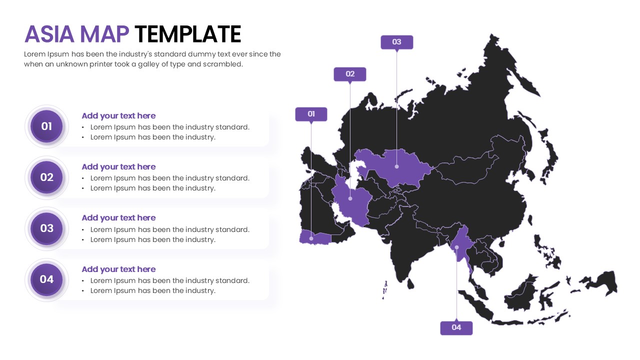 Dark background Asia map slide with neon purple highlights and numbered list indicatorsDark background Asia map slide with neon purple highlights and numbered list indicators.
