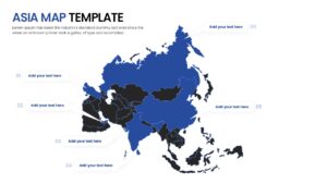 Blue themed Asia continent map with callout text boxes for regional descriptions