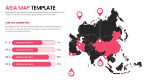 Asia map infographic with location pins and data bar charts in a professional PowerPoint layout