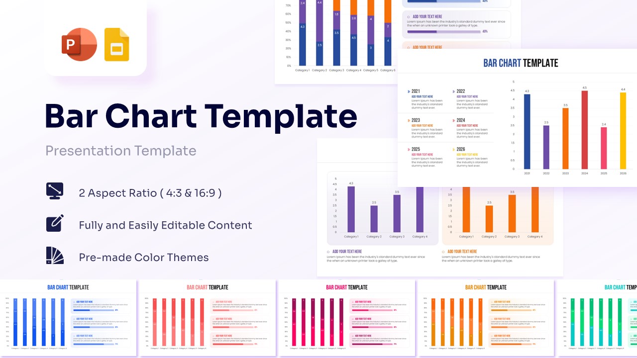 Featured image showing a collection of colorful bar chart and stacked column templates for business presentations