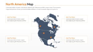 A dark blue North America map slide with orange location pins and call-out text boxes.