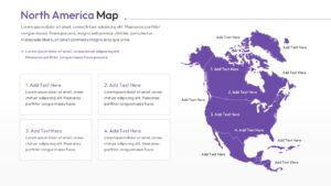 A purple North America map slide with four numbered text boxes for regional descriptions