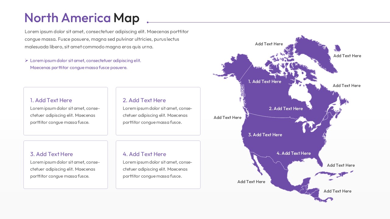 A purple North America map slide with four numbered text boxes for regional descriptions