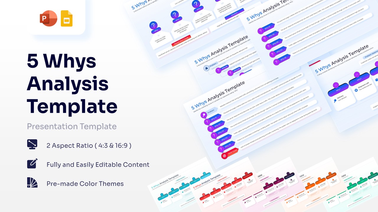 A comprehensive collection of 5 Whys analysis presentation templates for PowerPoint and Google Slides featuring various horizontal and vertical root cause analysis layouts
