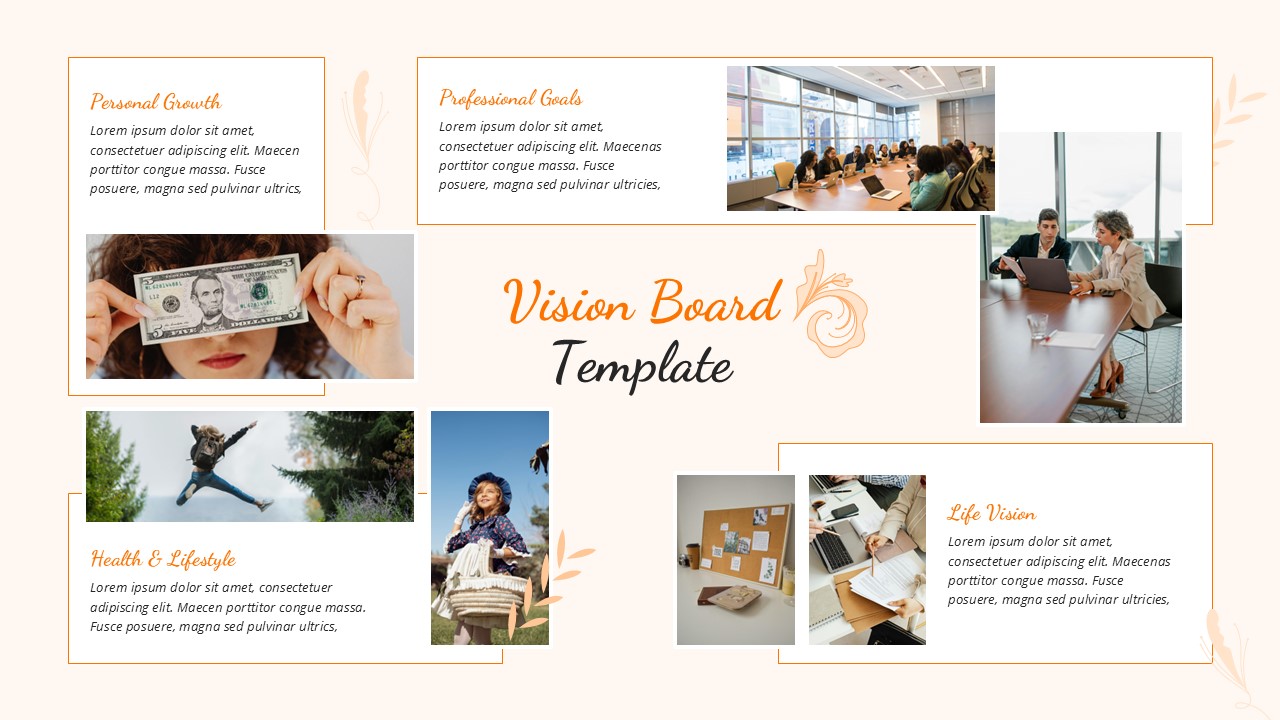 A creative peach-colored vision board slide with taped-note elements for wellness and personal growth.