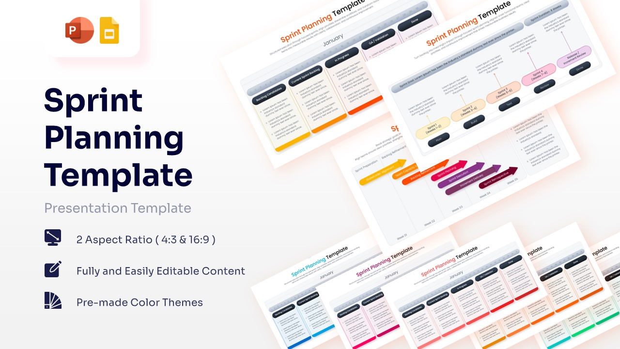 Agile sprint planning presentation template featured image showing a collection of task boards, roadmaps, and timeline slides