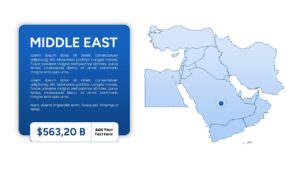 Slide 2: Middle East regional map slide featuring a prominent blue text box for descriptions and a large financial data marker displaying $563,20B