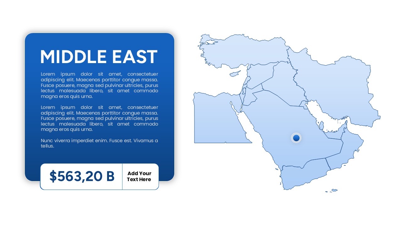 Slide 2: Middle East regional map slide featuring a prominent blue text box for descriptions and a large financial data marker displaying $563,20B