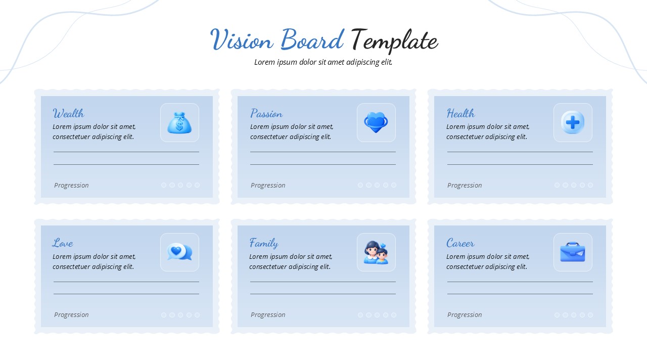 A blue-themed slide with six categorized boxes for wealth, passion, health, love, family, and career.