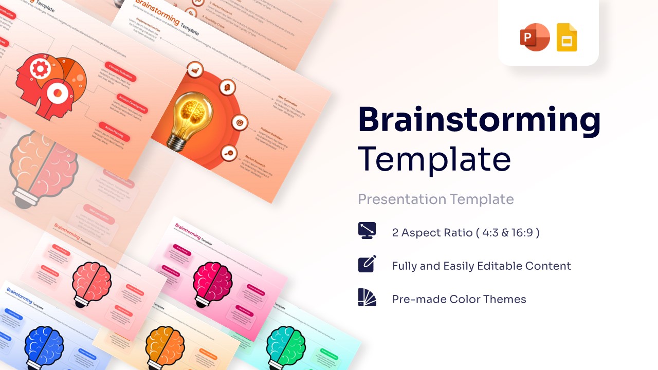 Featured image showing multiple brainstorming template slides with lightbulb and brain icons.