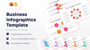 Business Infographics Template title slide showing a collection of circular and linear process diagrams in orange and pink.