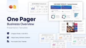 Featured image of the Business One Pager Overview Template showcasing multiple color variations and a structured corporate layout.