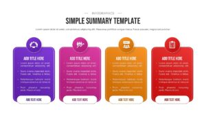 A professional PowerPoint summary slide with four vertical color-coded sections for business descriptions