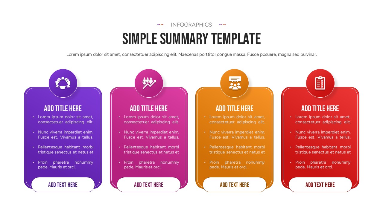 A professional PowerPoint summary slide with four vertical color-coded sections for business descriptions