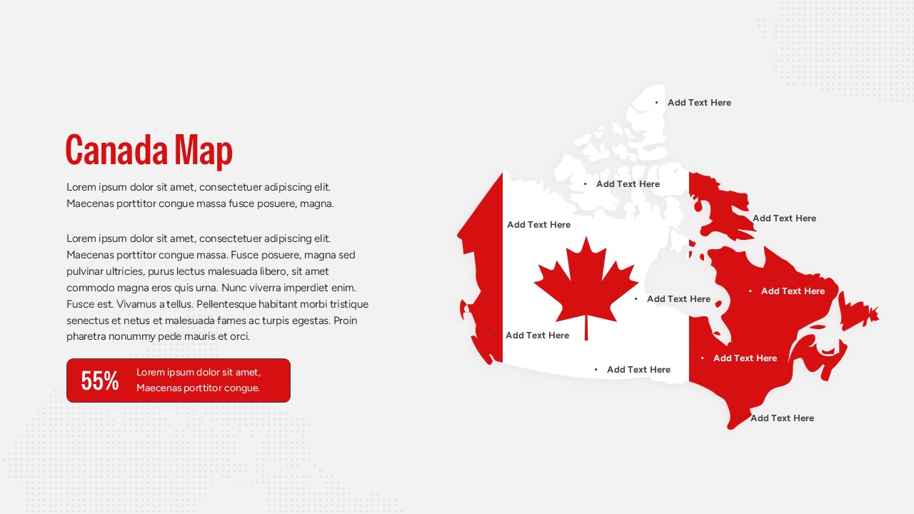 Canada map PowerPoint slide featuring a central red maple leaf flag design with multiple text pointers for provincial data.