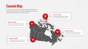 Geographic Canada map template showing highlighted provinces in red with four circular numbered callout boxes for data analysis