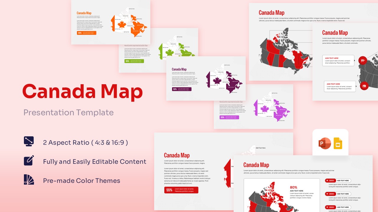 Collateral view of various Canada map slides in multiple colors including green, purple, and orange theme options.