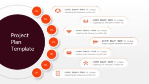 Circular five-step process infographic with central focal point and numbered segments in red and dark grey