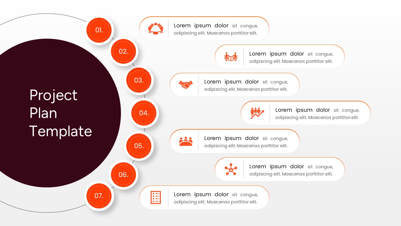 Circular five-step process infographic with central focal point and numbered segments in red and dark grey