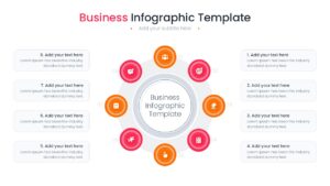 Multi-color circular business infographic with eight numbered segments and central text placeholder.