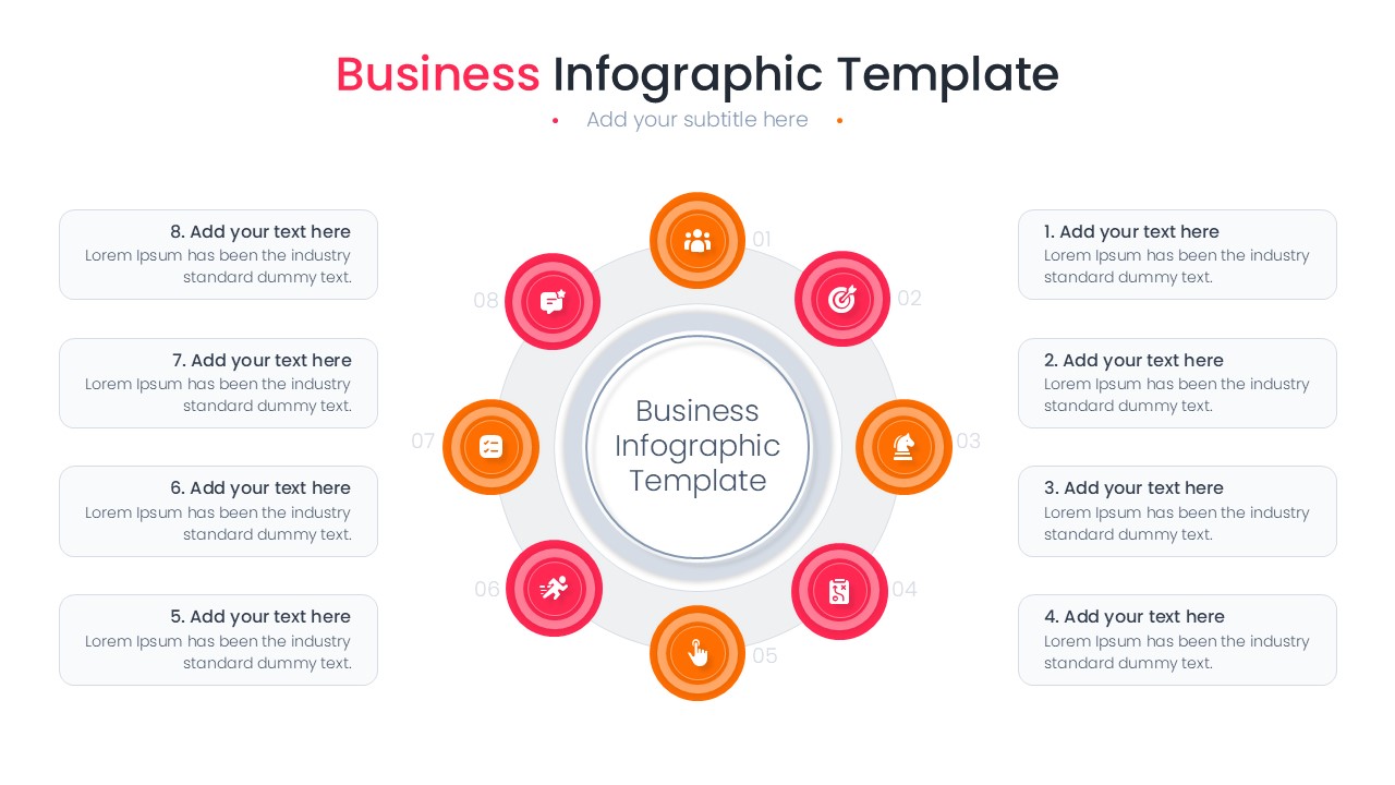 Multi-color circular business infographic with eight numbered segments and central text placeholder.