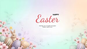 Pastel pink and lavender background decorated with spring flowers and patterned holiday eggs.