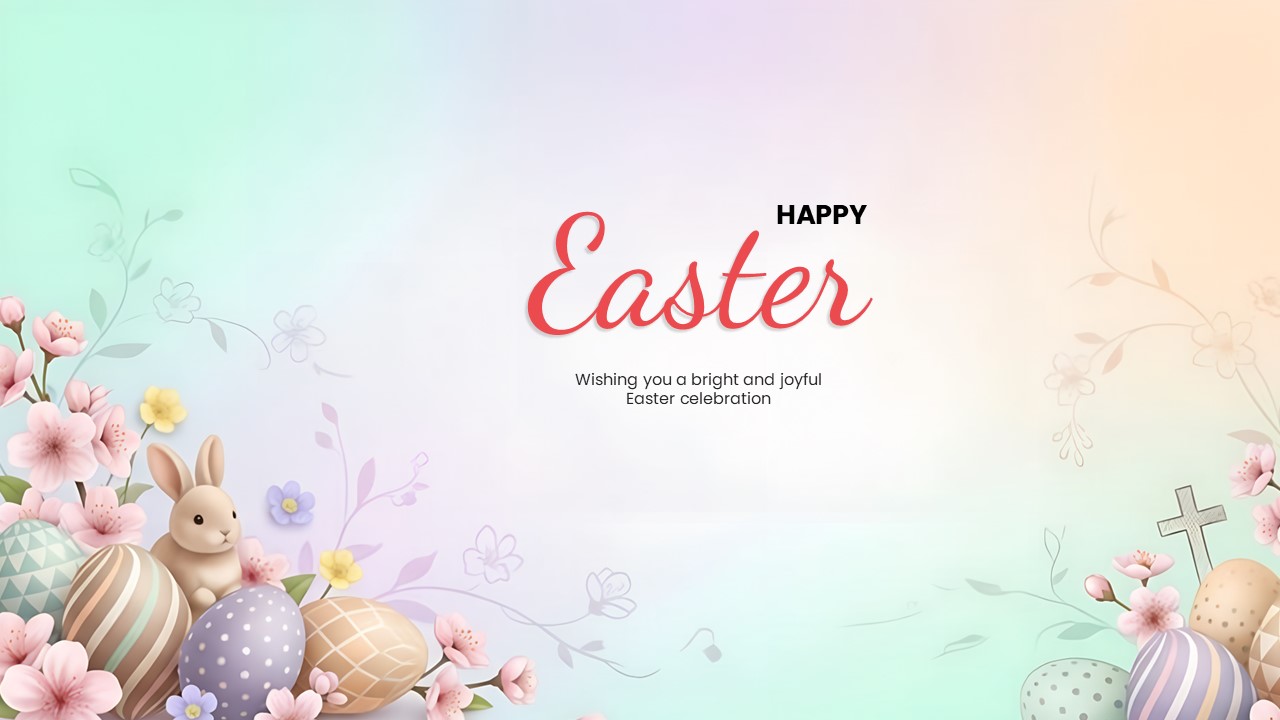 Pastel pink and lavender background decorated with spring flowers and patterned holiday eggs.