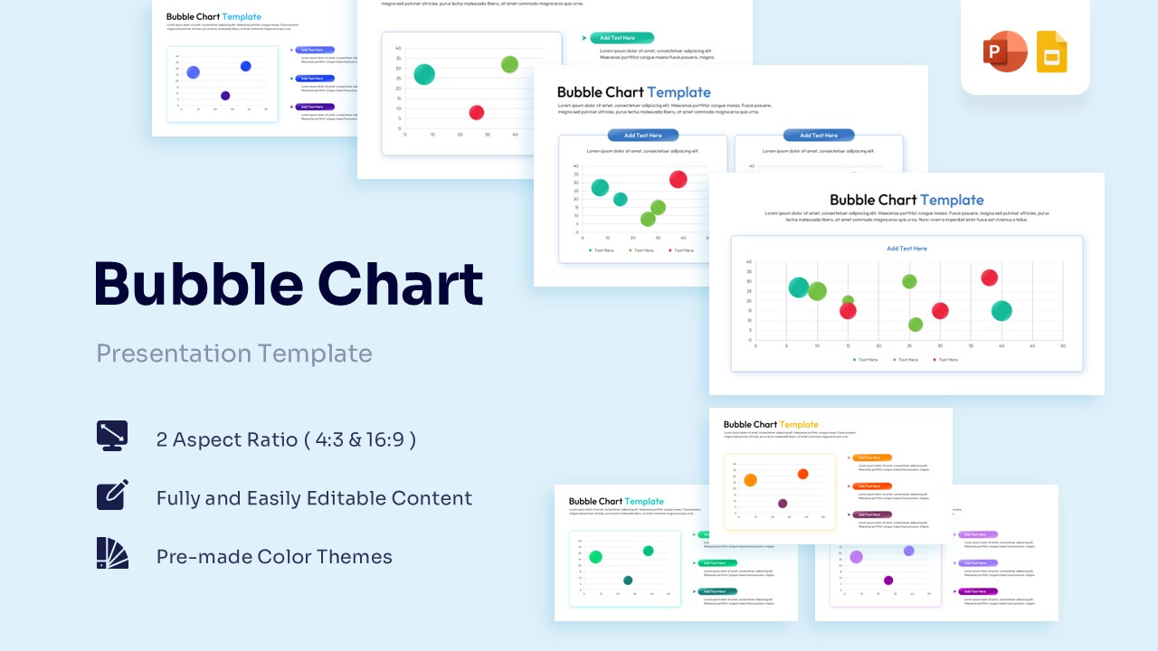 A collection of bubble chart slides showing various layouts, color schemes, and data distribution styles.