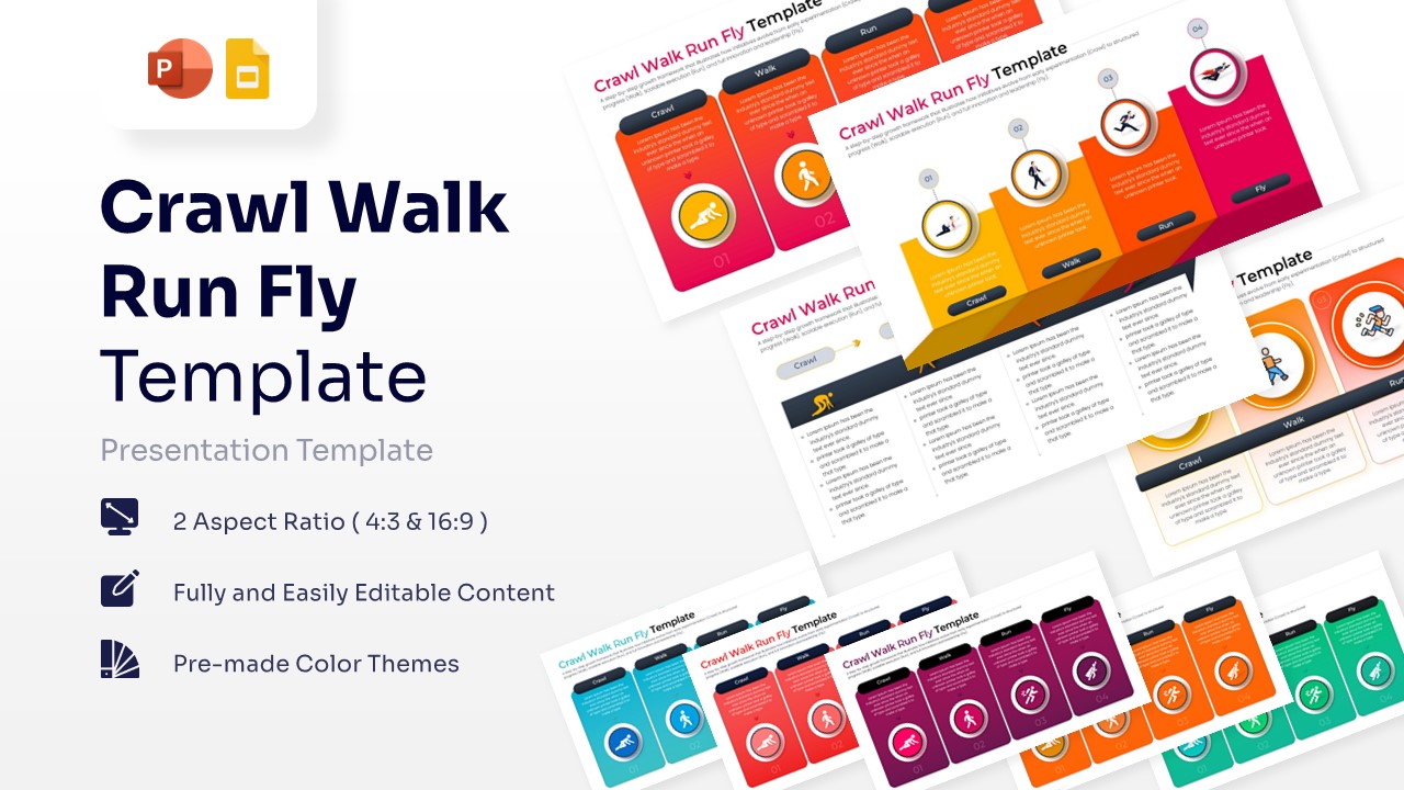 Crawl Walk Run Fly featured image showing multiple slide layouts for business growth stages with colorful infographics.