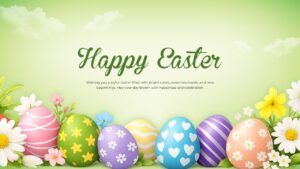 Vibrant green meadow background with a row of brightly colored Easter eggs and daisies