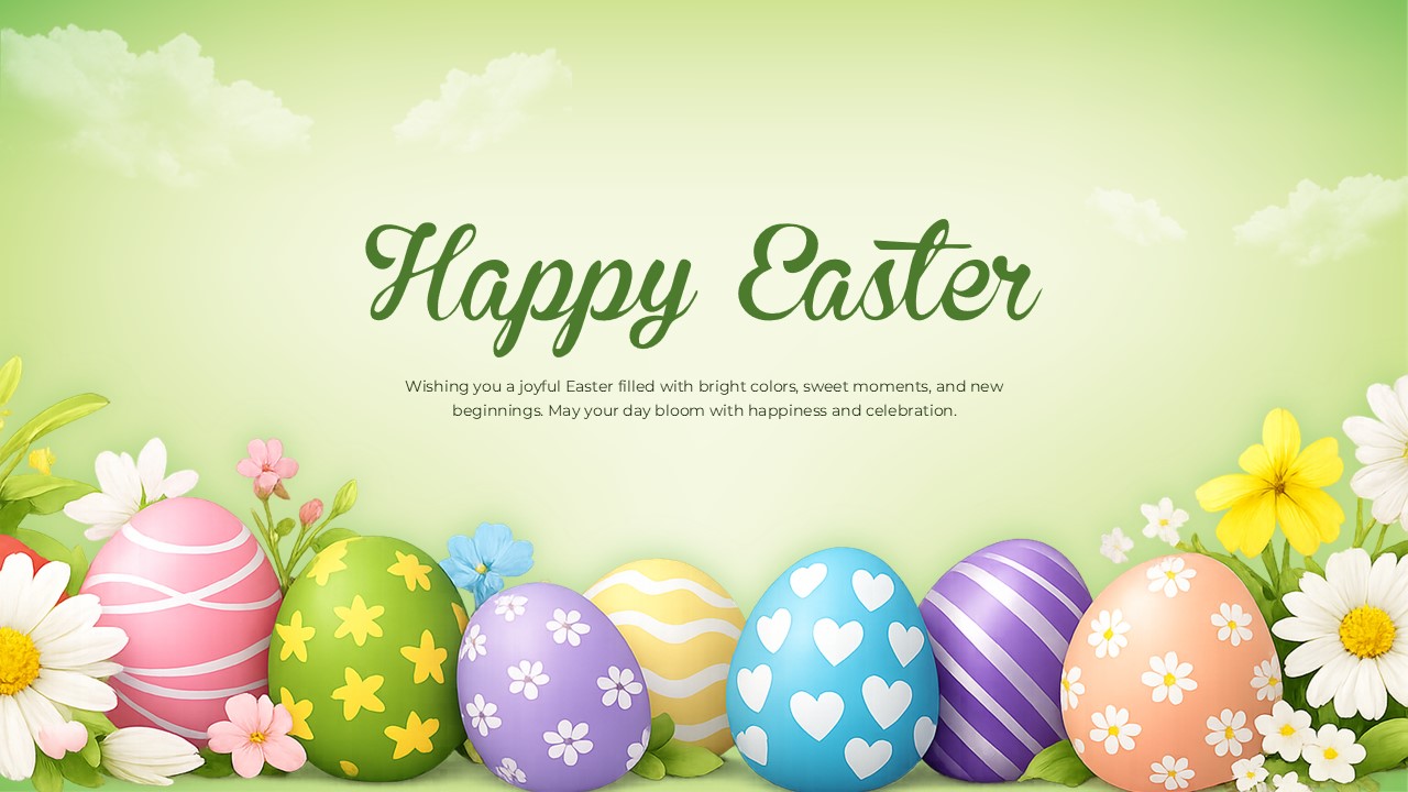 Vibrant green meadow background with a row of brightly colored Easter eggs and daisies