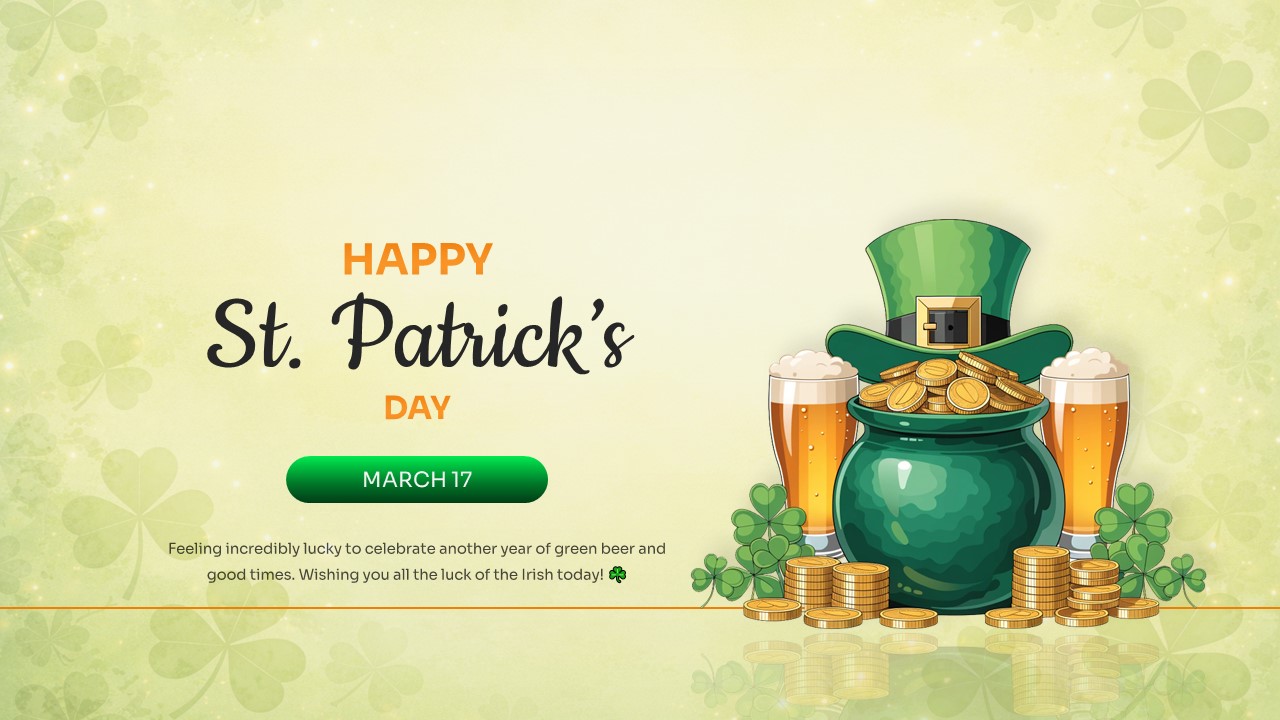 Cheerful St Patricks Day Background with a leprechaun holding a mug of green beer and a clover-themed frame
