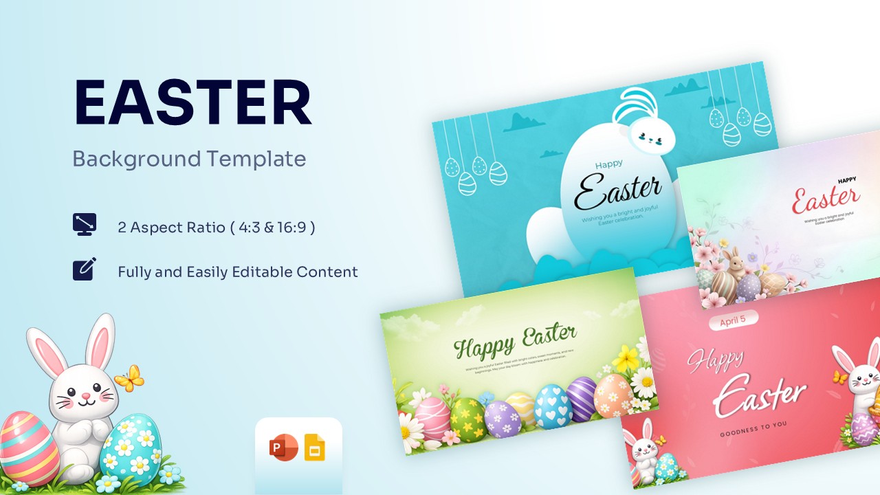 Featured image showing a collection of four Happy Easter background slides with colorful eggs and cute bunnies