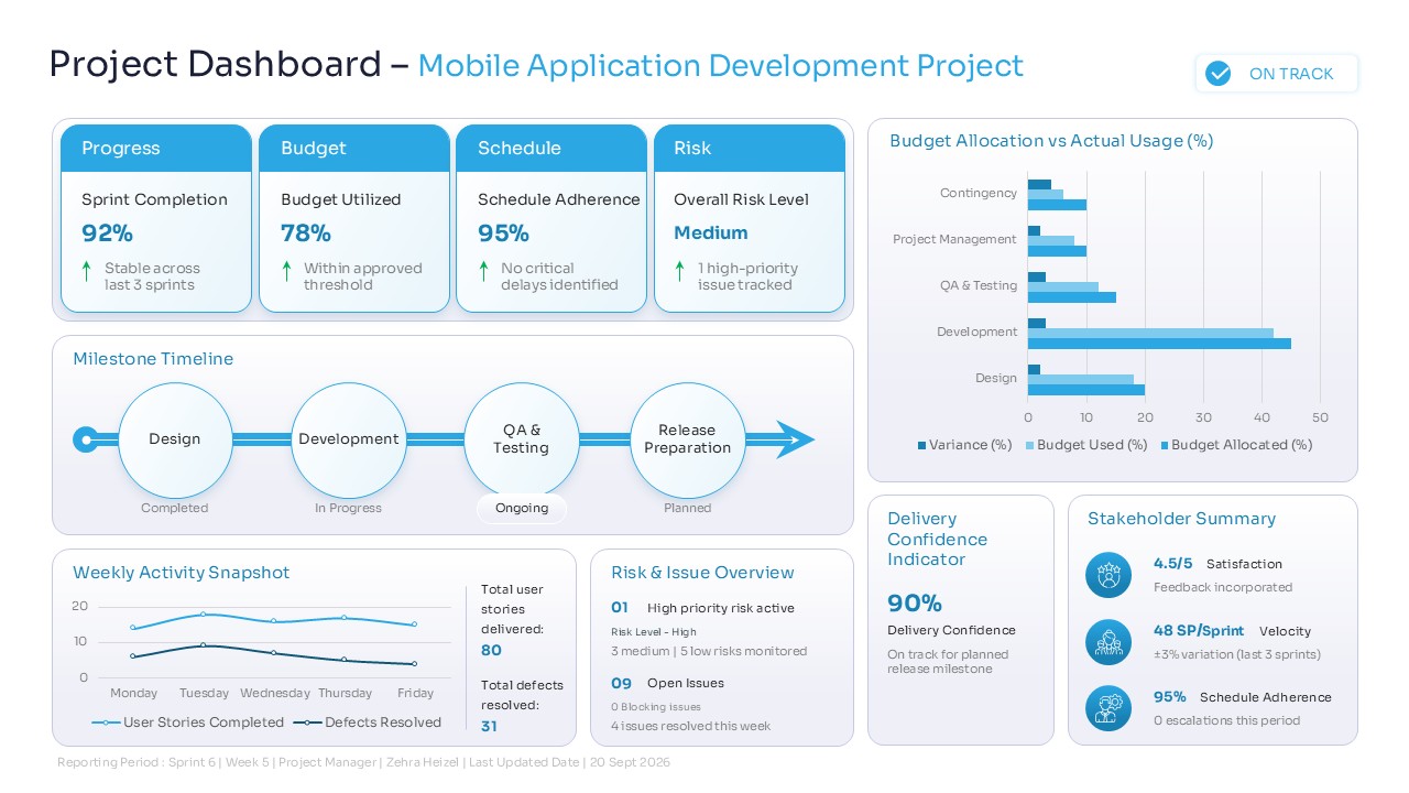 Mobile app project dashboard slide with a blue milestone timeline, budget bar charts, and weekly activity graphs