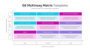 A horizontal table layout of the GE McKinsey Matrix showing specific actions for each of the nine cells.