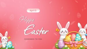 Soft coral background featuring a cartoon bunny holding a basket of eggs with Happy Easter text.